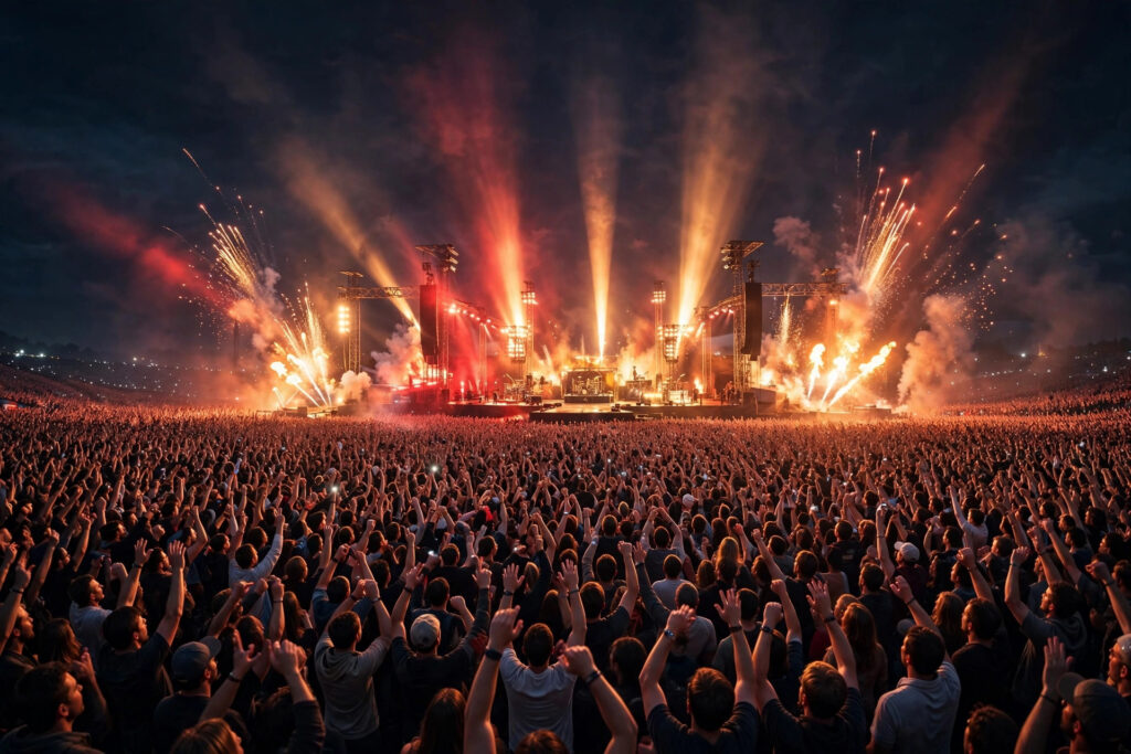 Massive arena rock concert crowd with raised hands under red and gold stage lights