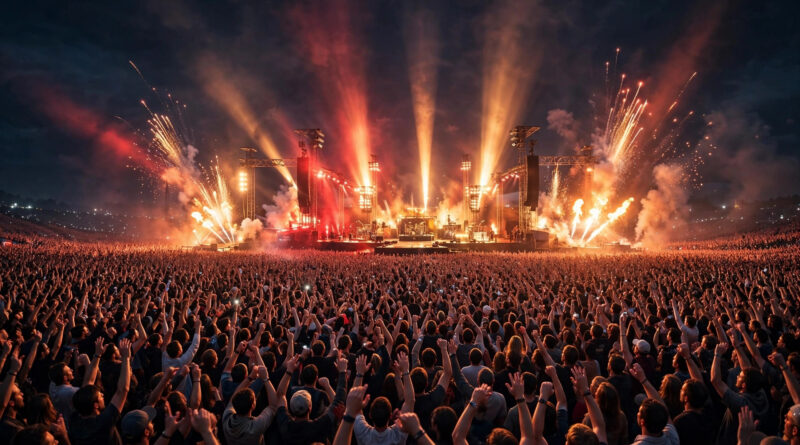 Massive arena rock concert crowd with raised hands under red and gold stage lights