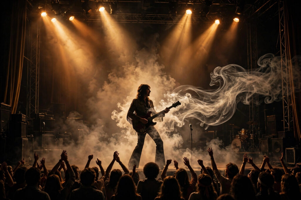Guitarist silhouette on a smoke-filled rock concert stage under golden lights