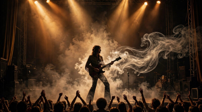 Guitarist silhouette on a smoke-filled rock concert stage under golden lights